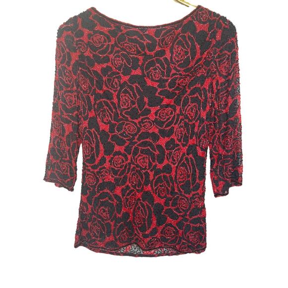 Vintage Paradise NY Size Medium Silk Beaded Formal Top Drape Neck Red Roses - Picture 2 of 10